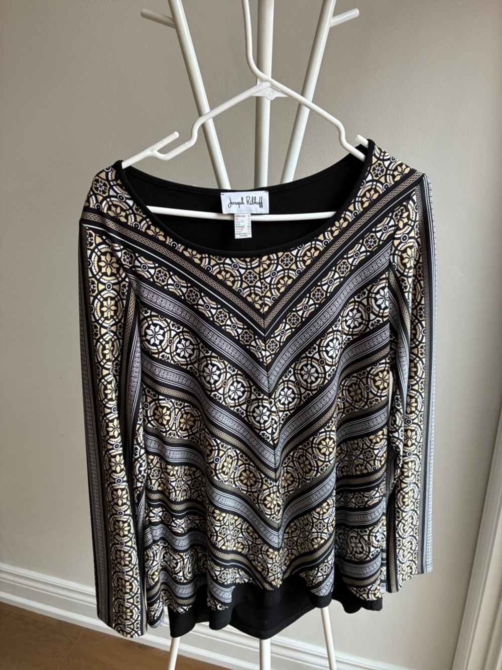 Joseph Ribkoff Black with Gold and Cream Geometric Print Top